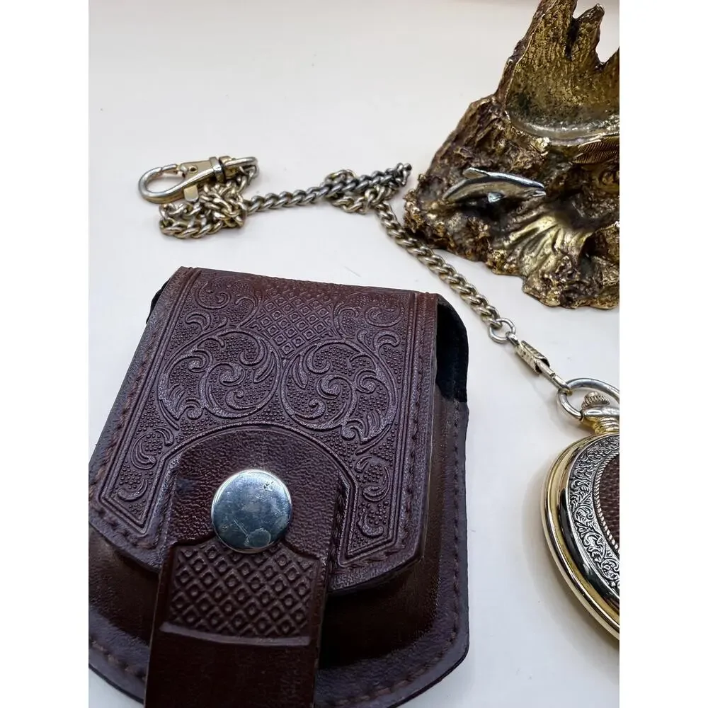 VTG Franklin Mint Bald Eagle Pocket Watch by Ted Blaylock Stand, Chain & Pouch